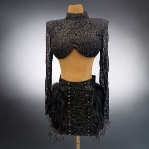 Elegant Black Lace and Feather Dress